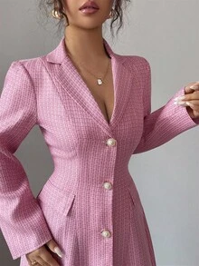 Elenzga Đầm dài chữ A hở lưng tay dài cổ bẻ mới cho nữ, dáng dài thoải mái, năng động, trẻ trung, thanh lịch, phù hợp mặc hàng ngày - Hồng - Xem 3