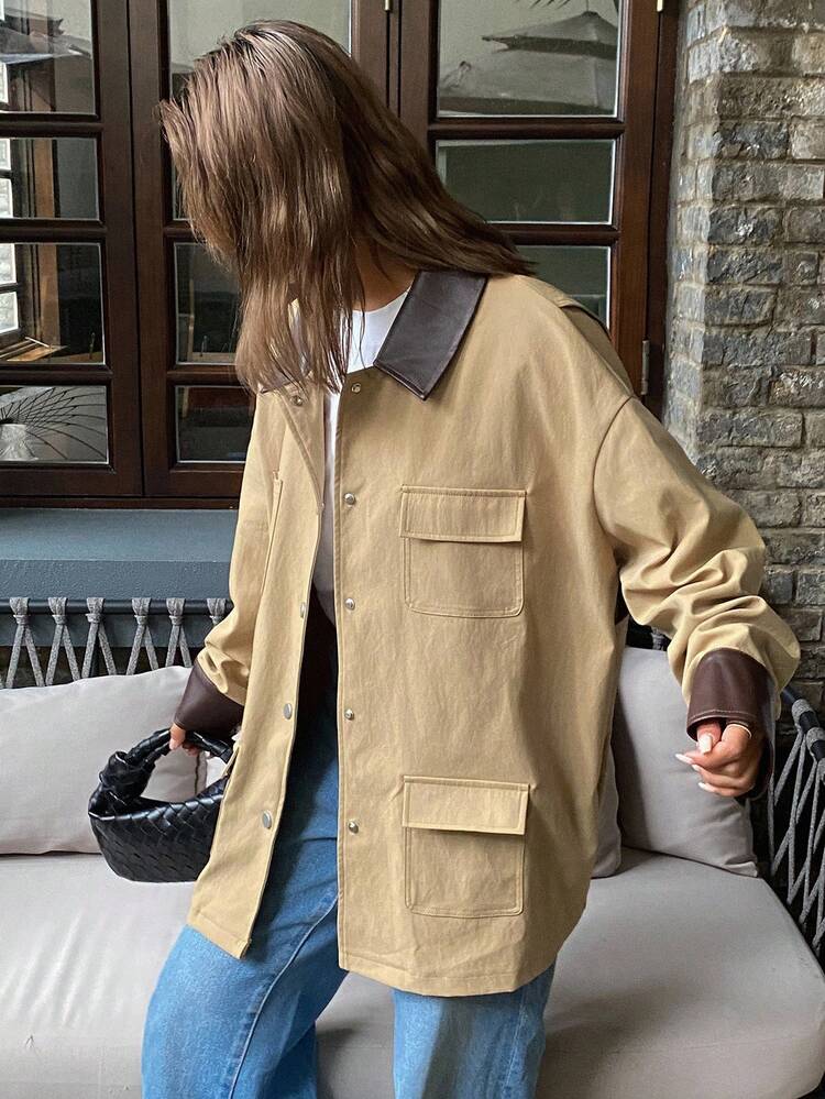 Women's Lapel PU Contrast Color Leather Collar Patchwork Loose Straight Casual Street Style Trench Coat Jacket