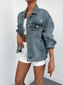 Cottnline Áo khoác denim rách vai 98% cotton có túi nắp - Rửa trung bình - Xem 3