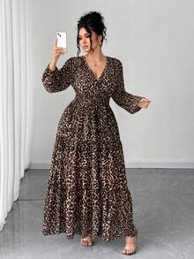 Elenzga Plus Size Women Elegant Chiffon Leopard Print V-Neck Long Sleeve Dress, Suitable For Dates And Outings