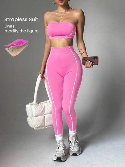 Easithlete Conjunto deportivo sin costuras de mujer con rayas rosas, top corto y leggings