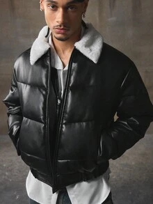 AXEPEAK Men's Casual Contrast Color Fleece Collar Zip-Up Long Sleeve Winter Coat - Black - View 4