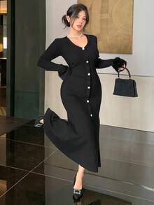 DAZY Váy len đuôi cá cổ chữ V chắp vá tua rua dành cho nữ, mùa thu - màu đen - Xem 4