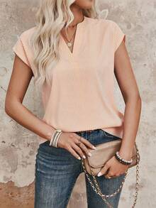 EMERY ROSE Summer Casual/Work Striped Notched Neck Shirt - Orange - View 5