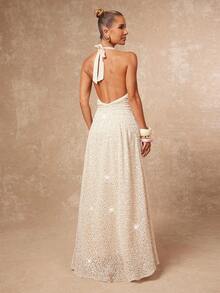 Lumalex Fall New Style WomenWinter Gathering Party Glamour Elegant Banquet Modest Old Money Glitter Holiday Party Glamour Elegant Rave Festival Outing Vacation Hot Outdoor Richly Layered Wedding Season Banquet Coming Of Age Ceremony Faux Fur, Sequin & Bead Embellished Backless High Slit Dress For Women White Sequin Dress Plunge Dress Deep V Dress White Rhinestone Dress Faux Pearl Dress Luxury Prom ID Al-Adha Al-Adha Party New Year - Apricot - View 3