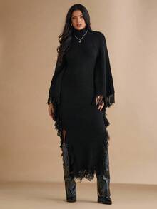 Silquee 女式纯色高领流苏袖口修身优雅针织连衣裙，秋季 - 黑色 - 查看 5