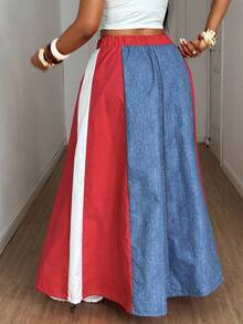 Maweii Váy denim chắp vá không co giãn, màu tương phản, họa tiết denim, dây rút eo, cỡ lớn dành cho nữ, mùa thu/đông - Nhiều màu - Xem 2