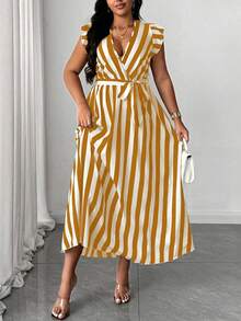Maweii Plus Size Women Striped Overlap V-Neck Cap Sleeve Casual Dress - Orange - View 3