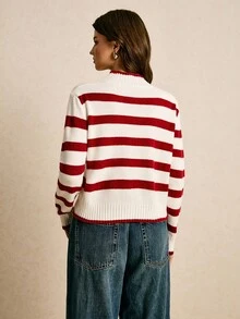 Poéselle 女式休闲拼色条纹立领毛衣，秋冬 - 紅白色 - 查看 6