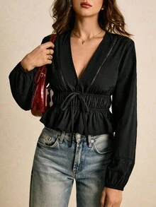 Poéselle Blusa de mujer con cuello en V, unicolor, decoración de lazo, manga larga y bajo con volantes, versátil y de moda - Negro - Ver 8