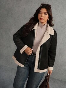 Elaquor Jaqueta Casual de Moletom para Motociclista, Plus Size, Feminina - Preto - Visão 5