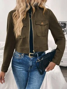 EMERY ROSE 女式秋冬短款军绿色大口袋金属纽扣夹克 - 鏽棕色 - 查看 3