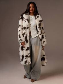 Athîral Women's Snowy White & Mocha Patterned Faux Fur Maxi Coat | Long Plush Fabric, Dramatic Oversized Lapel Collar, Relaxed Straight Cut, Full-Length Sleeves, Abstract Double-Tone Animal Print, Invisible Seam Finish, Luxe Capsule Wardrobe Essential For Winter Office Layering & High-Warmth Style, Cow Print ,Coat Long Faux Fur Coat, Cow Print Coat, Halloween Costume,Winter Jacket For Women - Multicolor - View 3