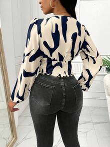 Lyxana Women's Geometric Print Lantern Sleeve Elegant Blouse With Waist Pleats (Random Pattern Cutting)