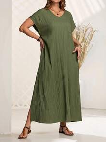 EMERY ROSE 大码V领蝙蝠袖短袖直筒宽松休闲连衣裙，夏季服装，女士度假装/波西米亚风女装 - 軍綠色 - 查看 3