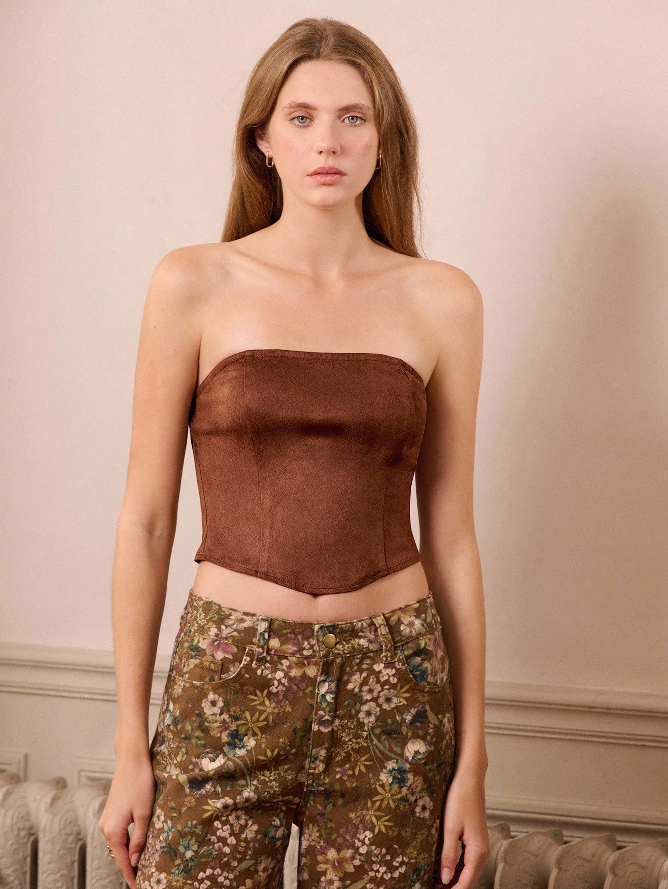 Brown Faux Suede Corset Top With Thin Straps Fall Women Clothes Spring Summer