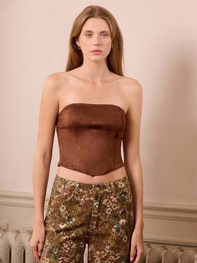 lacRébo Brown Faux Suede Corset Top With Spaghetti Straps Fall Women Clothes Spring Summer