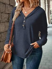 EMERY ROSE Damen Große Größen Einfarbiges V-Ausschnitt Knopf Langarm Lässig T-Shirt - marineblau - Übersicht 4