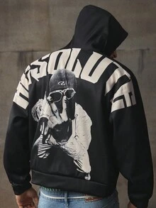 AXEPEAK 男式落肩宽松长袖休闲百搭连帽衫，背面有图案印花，羊毛，秋冬 - 黑色 - 查看 2