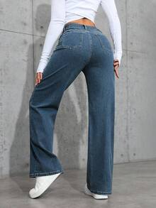SHEIN PETITE 女式纯色简约日常牛仔裤 - 深色水洗藍 - 查看 2