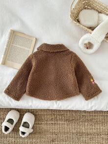 SHEIN Baby Girl Thick Fleece Embroidered Flower Collar Long Sleeve Jacket, Autumn/Winter Fall - Coffee Brown - View 2