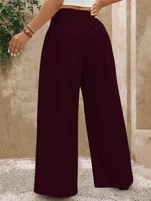 SHEIN PETITE 大码女式休闲直筒裤，前腰系带 - 紅色 - 查看 2