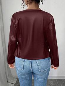 SHEIN PETITE CURVE 大码女式经典百搭 PU 皮夹克，小号系列 - 酒紅色 - 查看 2