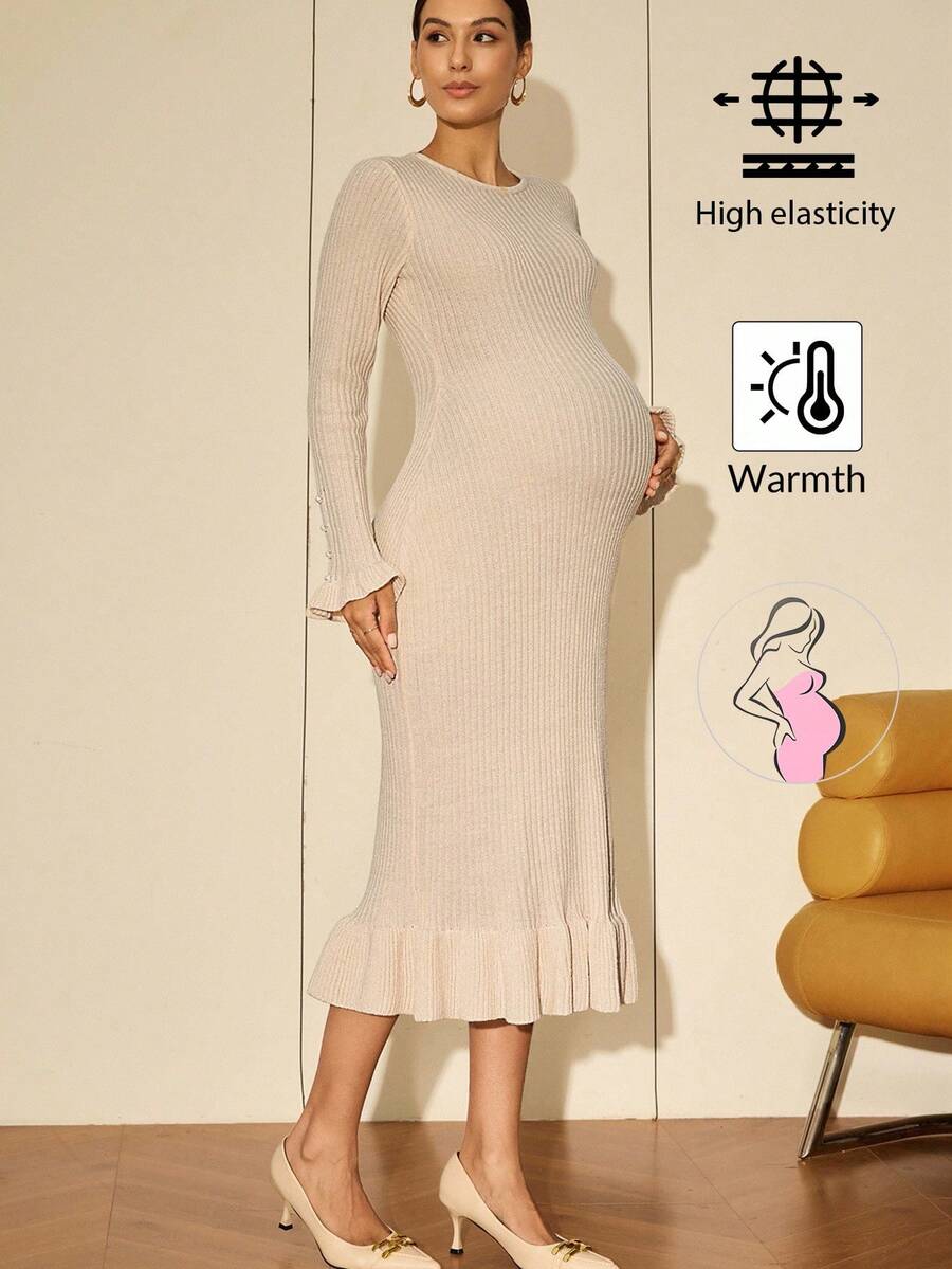 MaterniWear 孕妇纯色圆领荷叶边袖修身优雅针织连衣裙，秋季 - 卡其色 - 查看 1