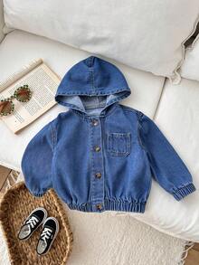SHEIN 女婴蓝色牛仔连帽长袖夹克 - 深色水洗藍 - 查看 6
