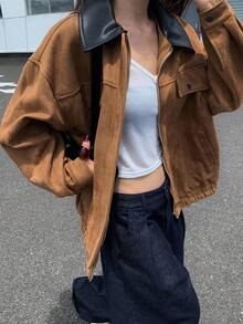 DAZY 女士PU拼接撞色宽松仿麂皮常规款夹克秋冬女装外套 - 棕色 - 查看 7