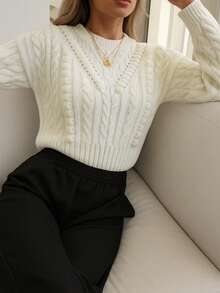 EURMUSE 奶油色粗针织短款毛衣，3D 蝴蝶结细节和罗纹下摆 - 女性化舒适触感 - 杏色 - 查看 1