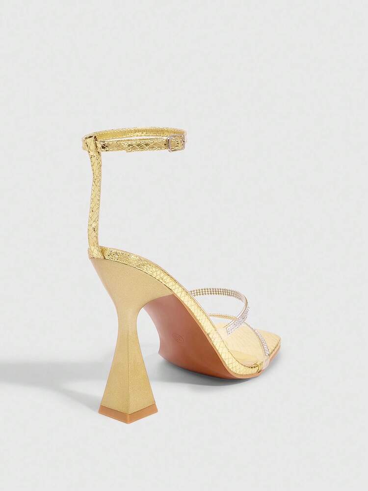 CUCCOO SZL Gold Metal PU Strap Rhinestone Embellished Chunky High Yellow Heel Square Toe Sandals