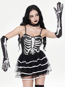 ROMWE Goth Cosplay Dark Skeleton Bone Mesh Suspender Mini Cake Dress For Women - Black - View 7