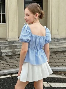 青少年女孩休闲泡泡袖蝴蝶结衬衫 - 藍色 - 查看 2