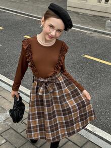 MODELY Tween Girl 女童针织拼布格子连衣裙，舒适罗纹面料，荷叶边下摆，收腰，休闲度假装，适合春秋季节 - 摩卡棕 - 查看 5