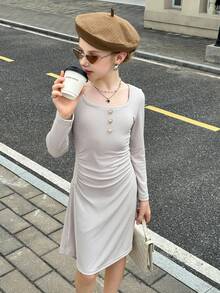 Tween Girls Button Decor Long Sleeve Dress, Fashionable & Elegant School Style Fall Winter - Light Grey - View 4