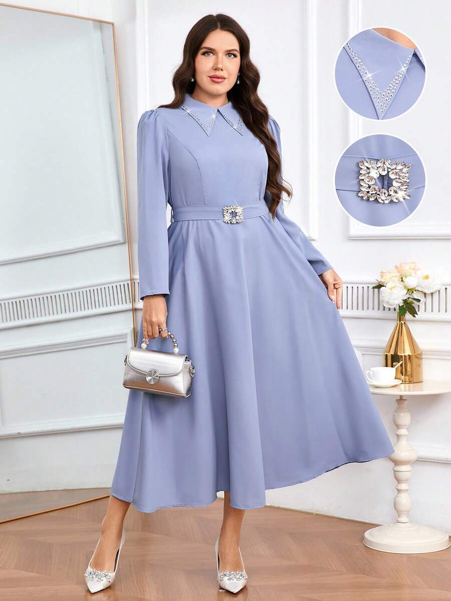 Modelyn Plus Size Women's Rhinestone Embellished Puff Sleeve Pointed Collar Elegant Dress - Blue - View 1