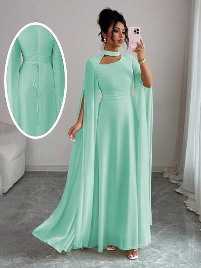 Elenzga Vestido de playa elegante y romántico estilo francés para vacaciones, de tela de gasa transparente, con cuello hueco, espalda con cruce y lazo, falda larga acampanada, manga larga, puños con abertura, adecuado para el té de la tarde, fiestas, estilo de Oriente Medio, primavera/verano