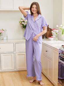 Ruffle Trim Pocket Patched PJ Set / Pajama Set - Purple - View 4