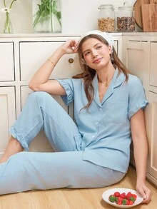 Snug Reverie Women's Lotus Leaf Sleeve Pajamas Set - Baby Blue - View 5