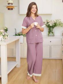 Snug Reverie Women Summer Contrast Color Ruffle V-Neck Cardigan Shirt And Pants Sleepwear Set - Mauve Purple - View 3