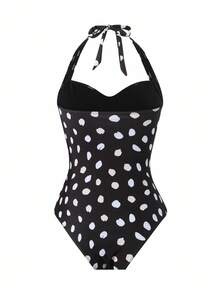 Bonvoyette 女士不对称波点露背连体泳衣和长裙套装 - 黑與白 - 查看 5