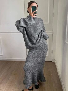 DAZY Women's Casual Solid Color Turtleneck Sweater And Skirt 2 Pieces Set, Autumn