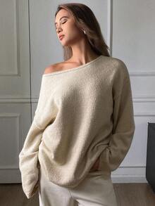 DAZY 女士纯色宽松长款灯笼袖圆领露肩休闲针织毛衣，秋冬 - 杏色 - 查看 5