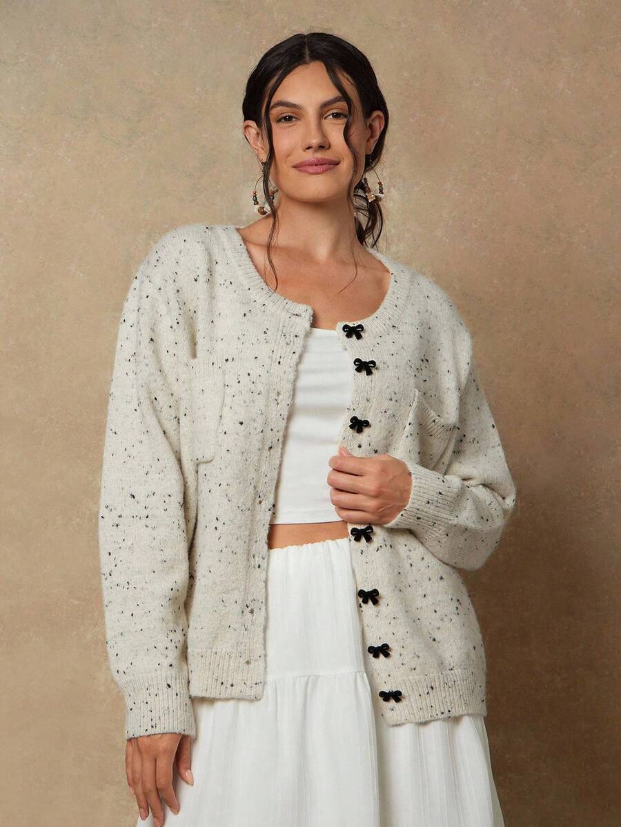 Freevana Plus Size Women Casual Drop Shoulder Bow Decor Knitted Cardigan, Autumn/Winter - Beige - View 1