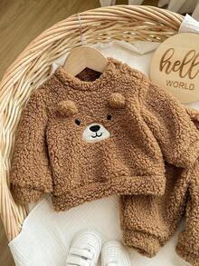 Newborn Baby Girl Cute Fluffy Cartoon Pattern Long Sleeve Sweatshirt Set, Autumn/Winter Fall - Brown - View 7