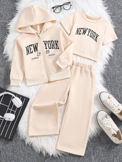 3件套女童卫衣套装，秋冬新款，连帽拉链卫衣，短袖上衣，长袖运动裤，碎花灰色连帽拉链卫衣，碎花灰色“NEW YORK 1989”图案卫衣及裤子，碎花灰色仿棉圆领T恤，舒适休闲宽松版型，适合日常及运动穿着