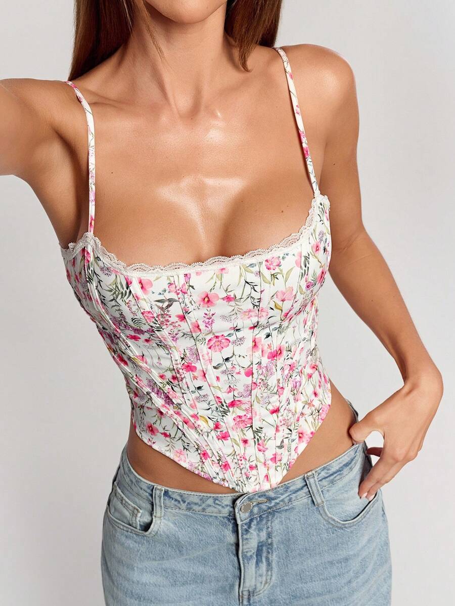 SHEIN BAE 女士优雅碎花交叉后背吊带背心，夏季 - 粉色 - 查看 1