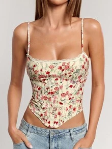 SHEIN BAE Débardeur ajusté sexy avec bordure en dentelle et lien dans le dos pour femmes - Rouge - Voir 6