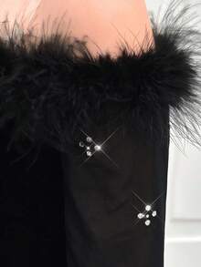 SHEIN Tween 女童修身优雅露肩蓬松饰边高开叉下摆长裙 - 黑色 - 查看 8